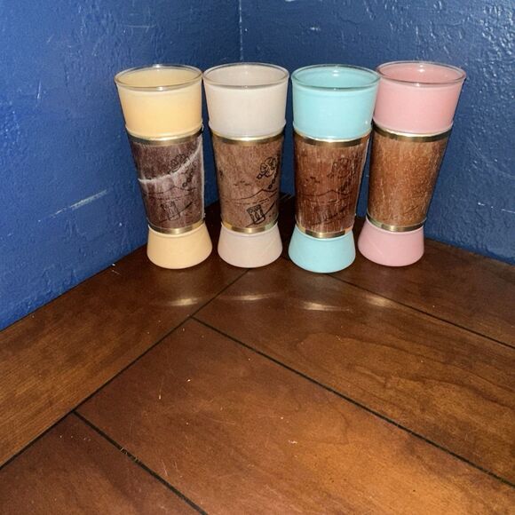 Vintage MCM Siesta Ware Tiki Bar Glasses Mahogany Wood Wrapped Set Of 4 - Picture 3 of 11